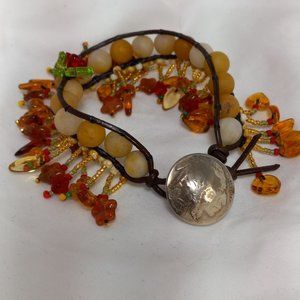 Woven Bracelet, Yellow Jade, Fringe, Flowers, Genuine 1937 Buffalo Nickle Button